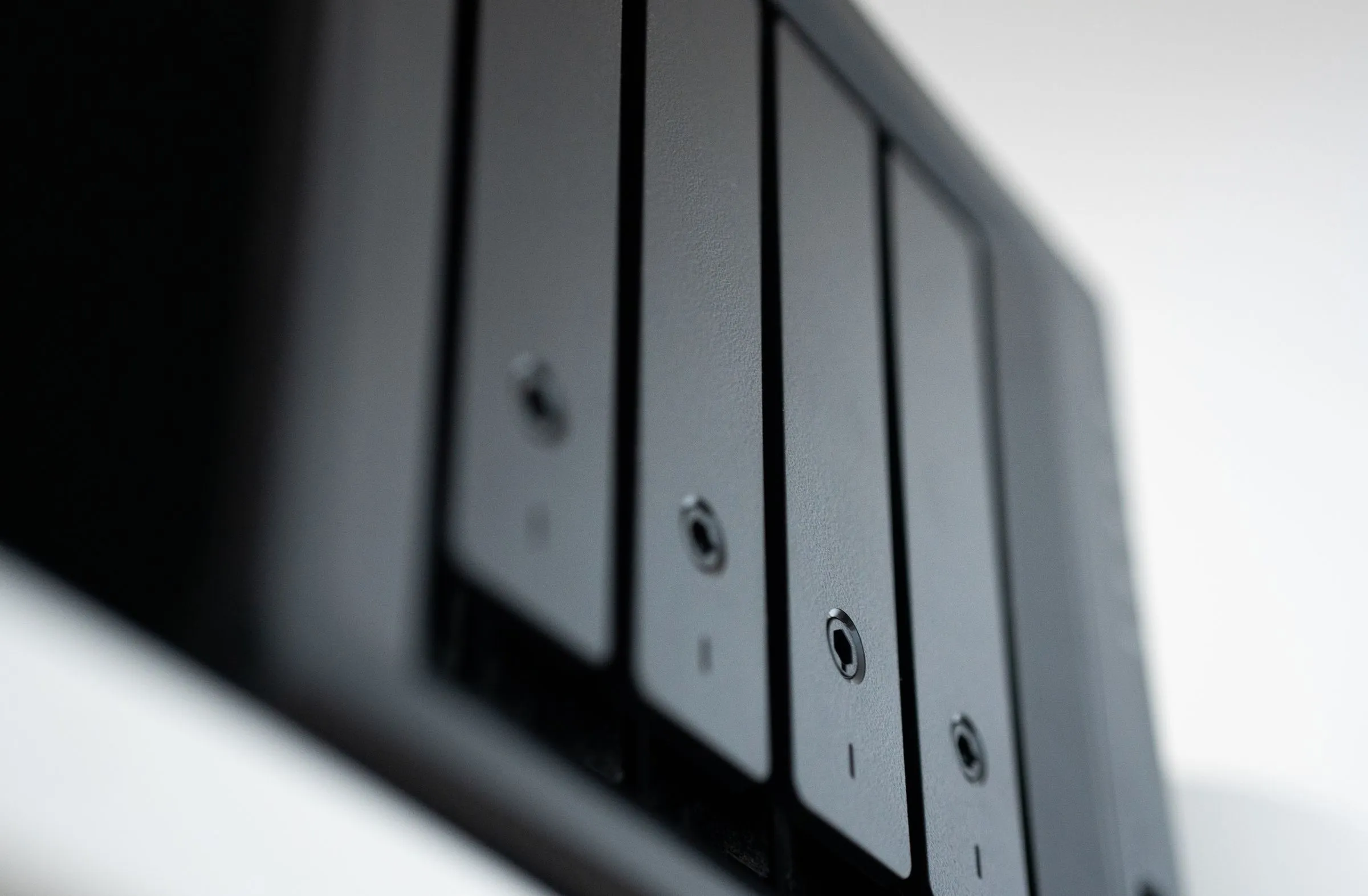 The drive bays of a small network storage unit
